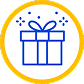 Blue line icon of a wrapped gift box with a bow on top, surrounded by celebratory sparkles, enclosed in a yellow circle.